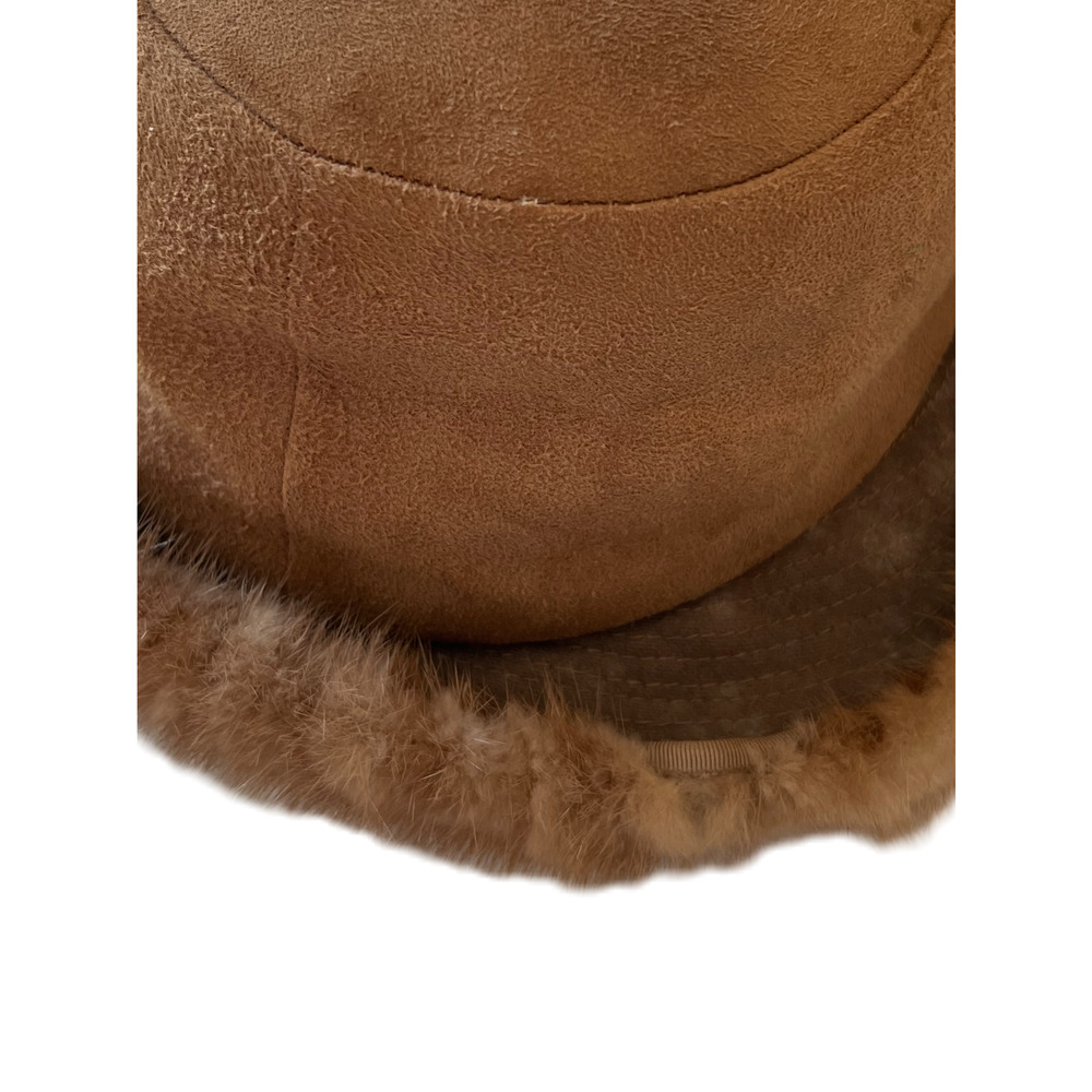 Vintage Genuine Fur Trim Leather Winter Bucket Hat Beige Size 22 Cold Weather - Picture 2 of 5